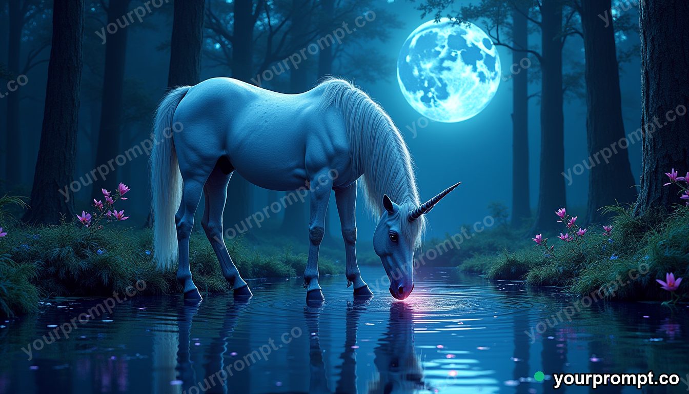 A unicorn drinking from a moonlit forest pool