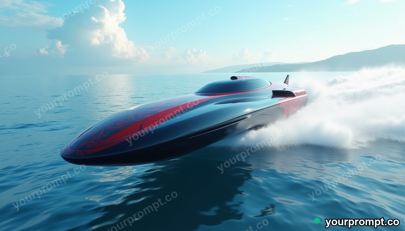 A futuristic hydrofoil racing across the ocean