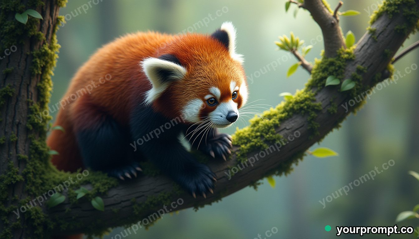 A red panda climbing a mossy branch in matte concept painting style — AI-generated image from a text prompt