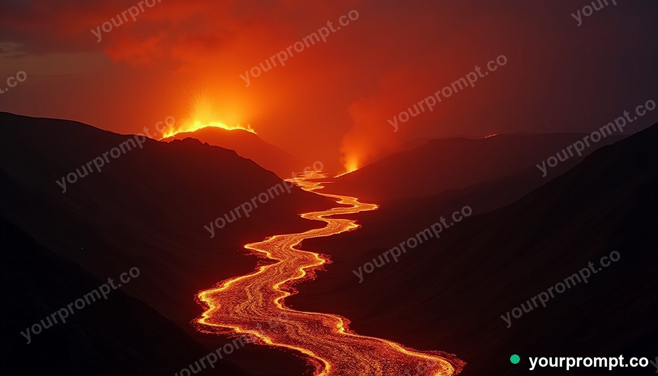A volcanic landscape with rivers of glowing lava at night in vintage film photograph style — AI-generated image from a text prompt