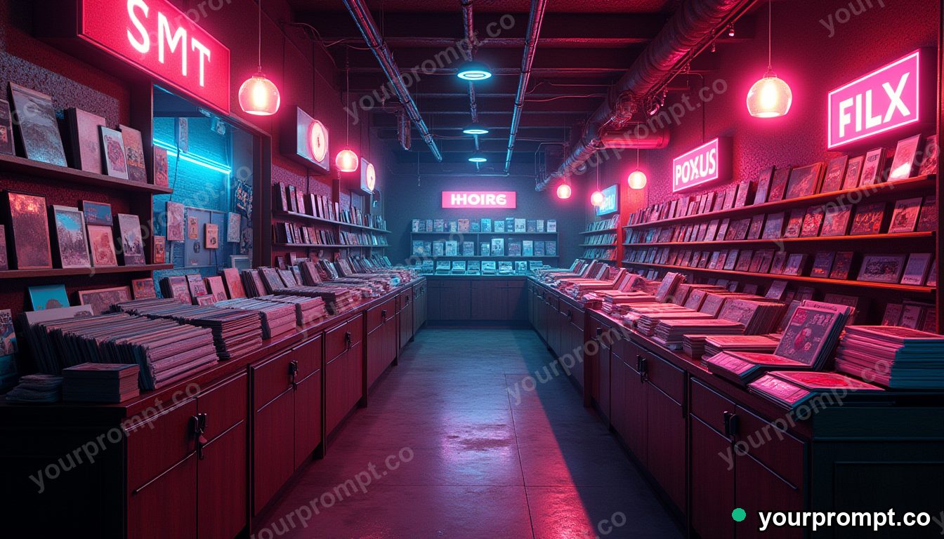 A vintage record shop crammed with vinyl in vaporwave synthwave style — AI-generated image from a text prompt