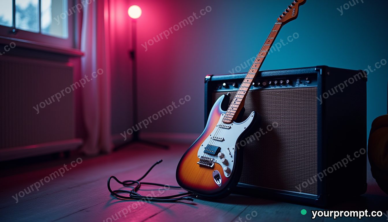 A vintage electric guitar leaning against an amp, neon glow