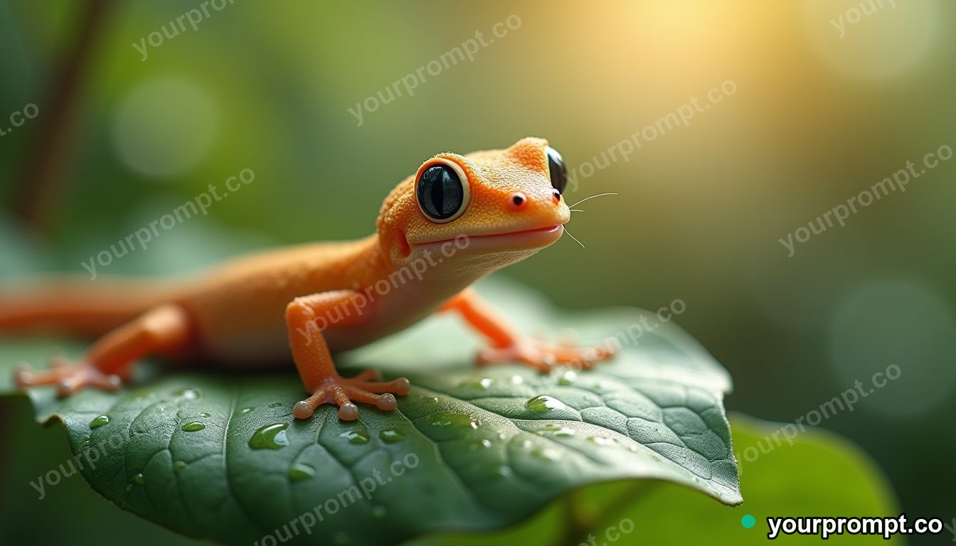 A gecko with sticky toes on a wet leaf, macro