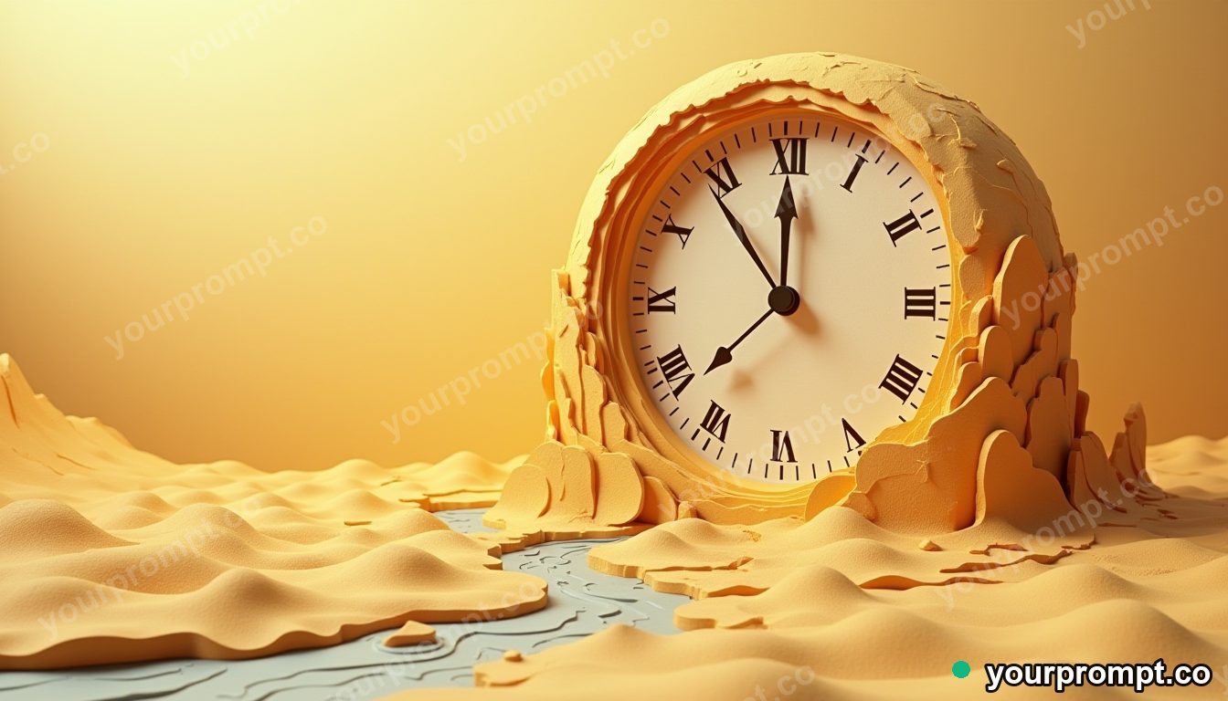 A giant clock melting into a river of golden sand in layered papercut art style — AI-generated image from a text prompt