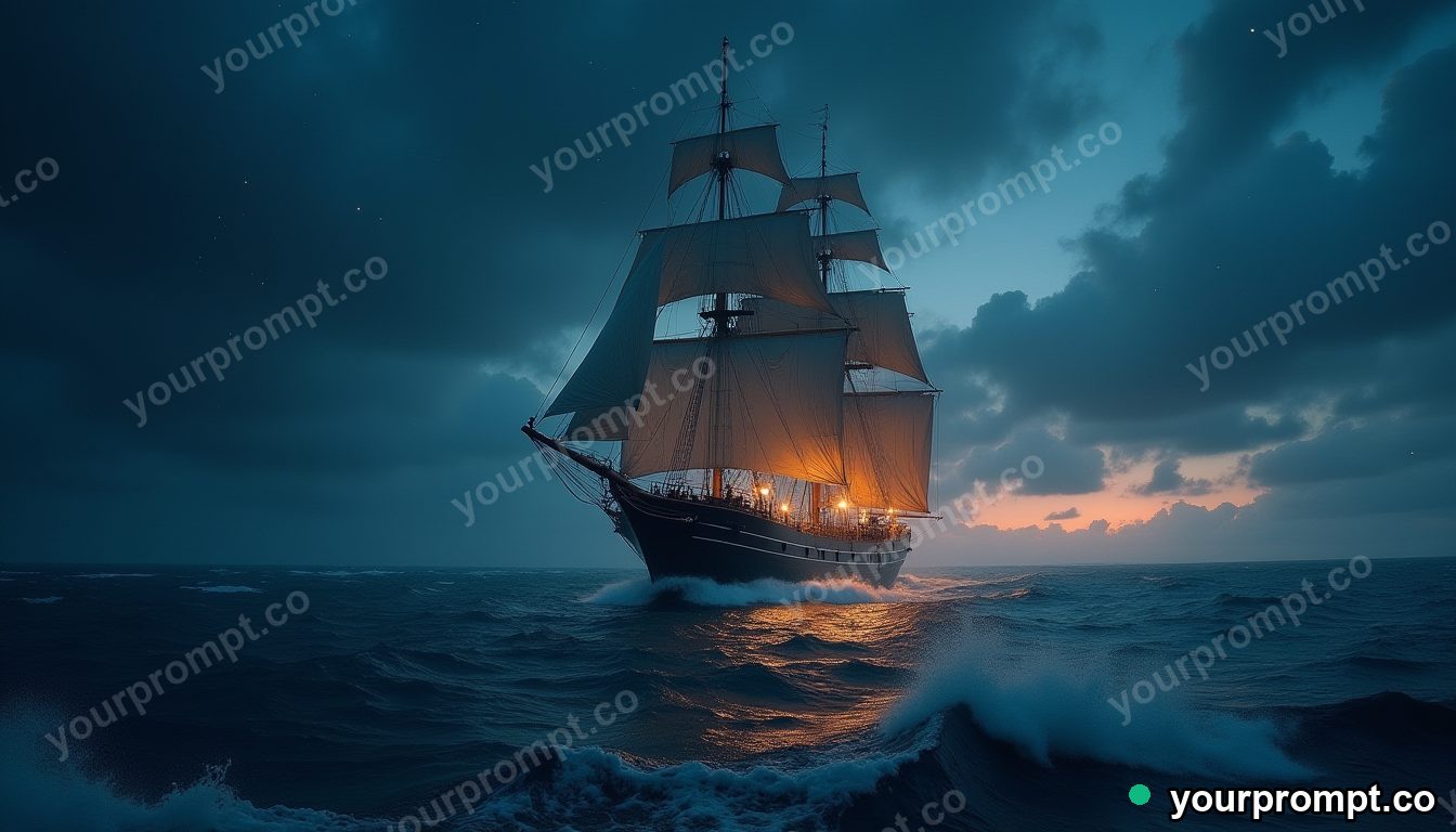 A tall sailing ship in a stormy sea at dusk
