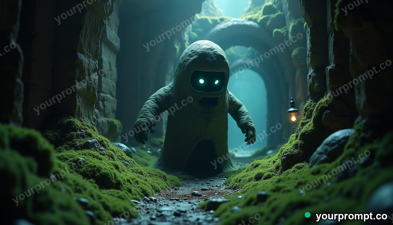 A stone golem awakening in a mossy ruin in claymation stop-motion style — AI-generated image from a text prompt