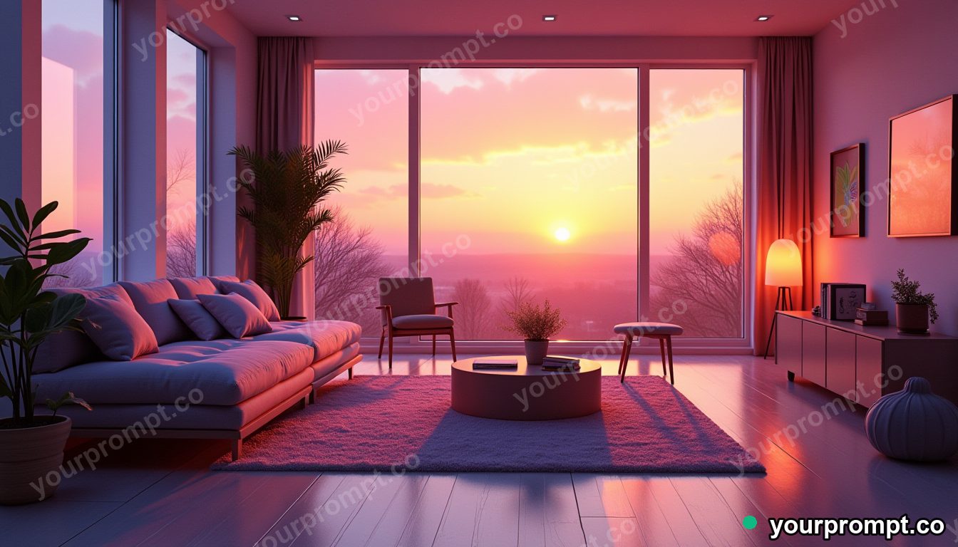 A minimalist Scandinavian living room at golden hour in neon cyberpunk style — AI-generated image from a text prompt