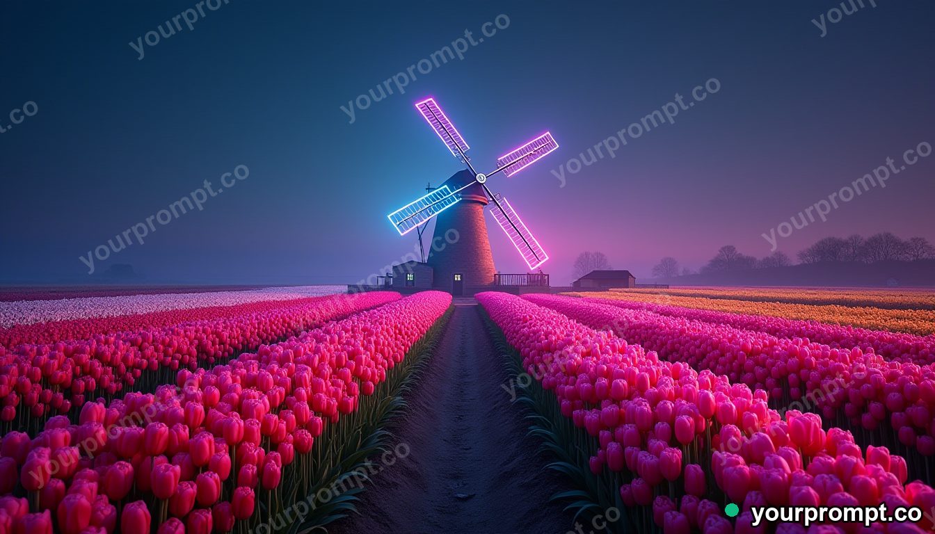 A tulip field in rainbow rows under a windmill in neon cyberpunk style — AI-generated image from a text prompt