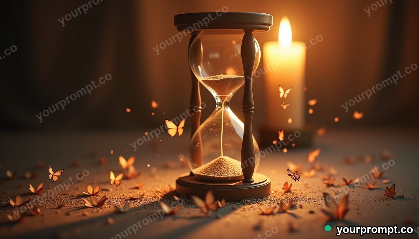 An hourglass where the sand turns into butterflies as it falls in rich oil painting style — AI-generated image from a text prompt