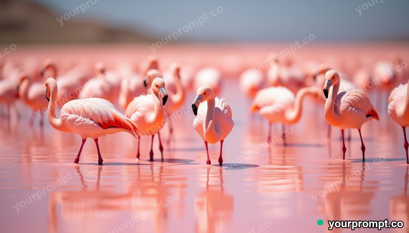 A flock of flamingos wading in a pink lagoon in tilt-shift miniature style — AI-generated image from a text prompt