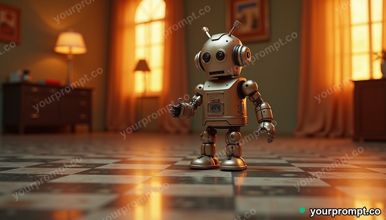A retro 1950s tin robot on a checkered floor