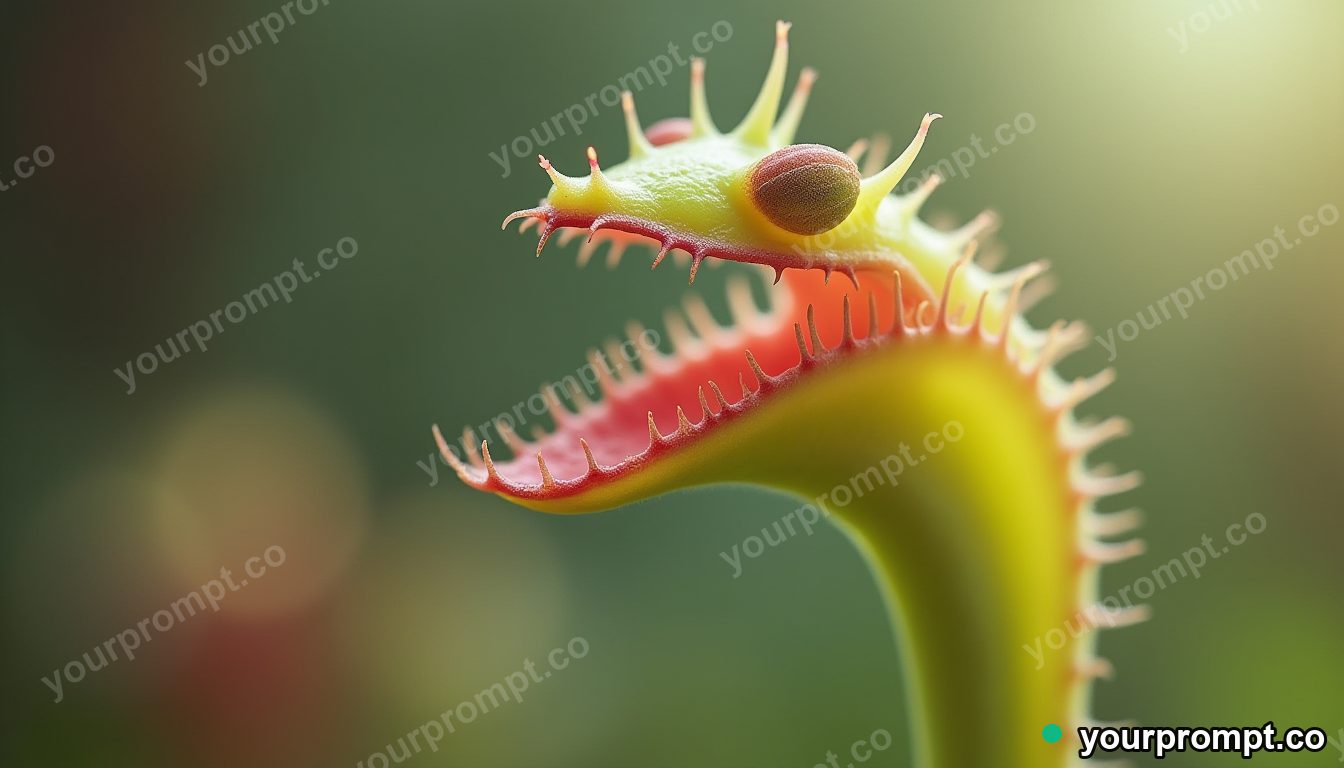 A venus flytrap with open jaws, macro detail in dreamy pastel style — AI-generated image from a text prompt