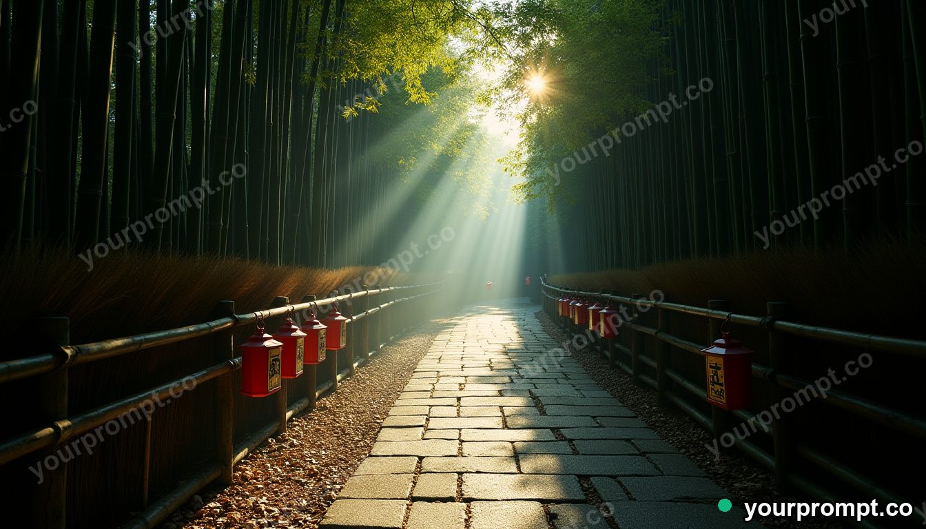A quiet Kyoto bamboo path with stone lanterns in vintage film photograph style — AI-generated image from a text prompt