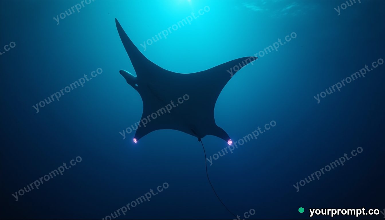 A giant manta ray soaring in deep blue water in cinematic film still style — AI-generated image from a text prompt