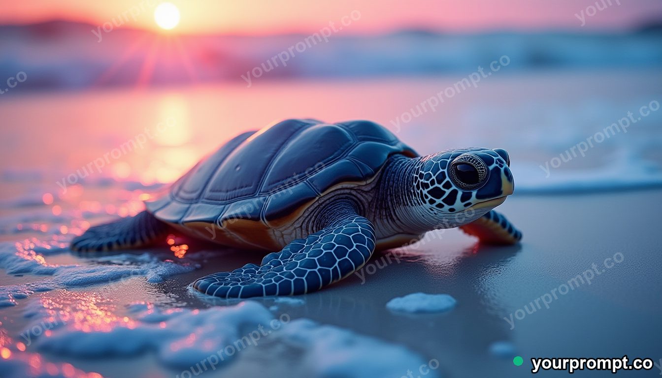 A baby sea turtle crawling toward the surf