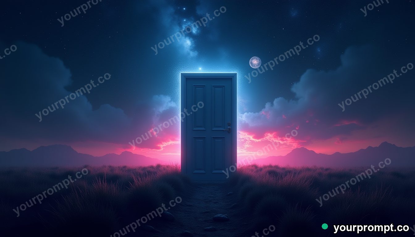 A lone door in an empty field opening onto deep space in surreal digital art style — AI-generated image from a text prompt