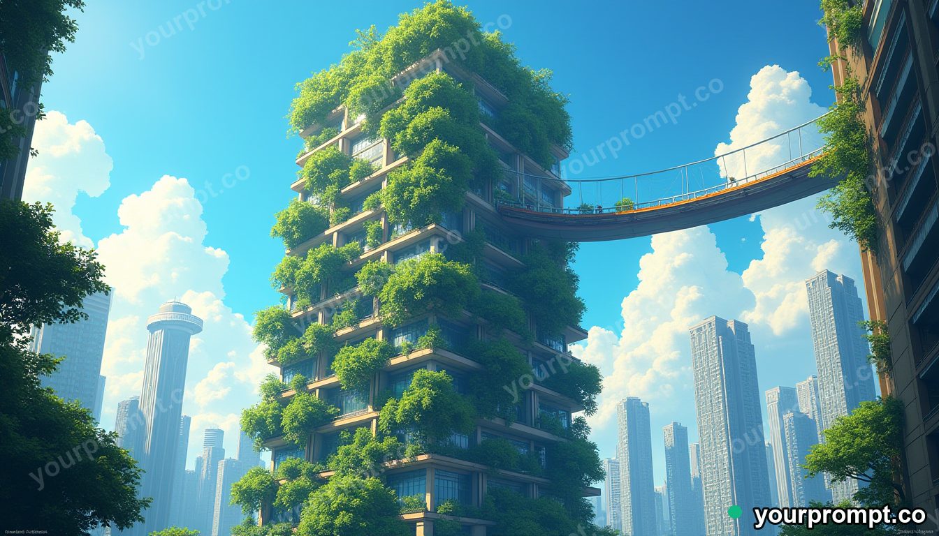 A futuristic eco-skyscraper draped in hanging gardens in anime illustration style — AI-generated image from a text prompt