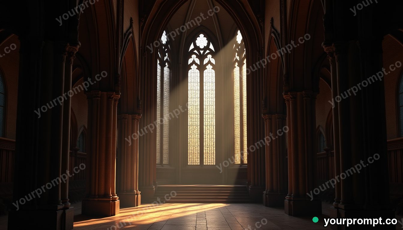 A gothic cathedral interior lit by stained-glass light in studio product photography style — AI-generated image from a text prompt