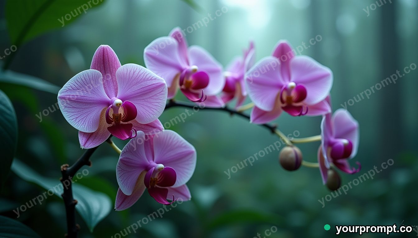 A cluster of wild orchids in a misty jungle in vaporwave synthwave style — AI-generated image from a text prompt