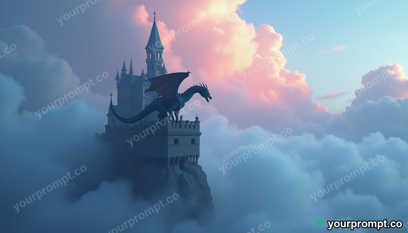A dragon perched on a castle tower amid storm clouds in dreamy pastel style — AI-generated image from a text prompt