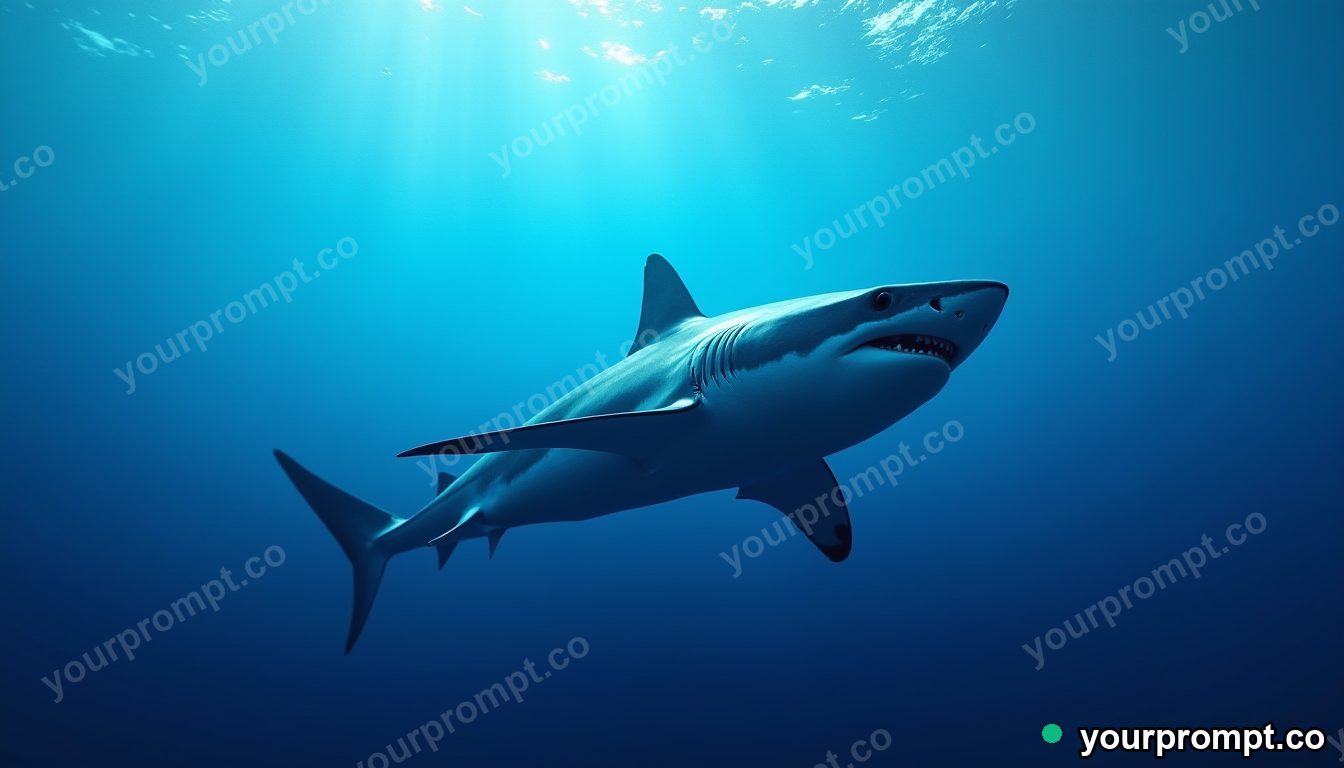 A great white shark cruising in blue depths in rich oil painting style — AI-generated image from a text prompt
