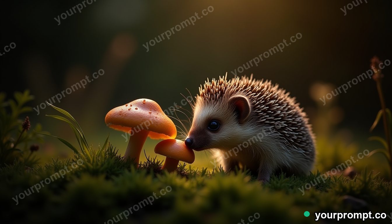 A hedgehog sniffing a mushroom in mossy grass