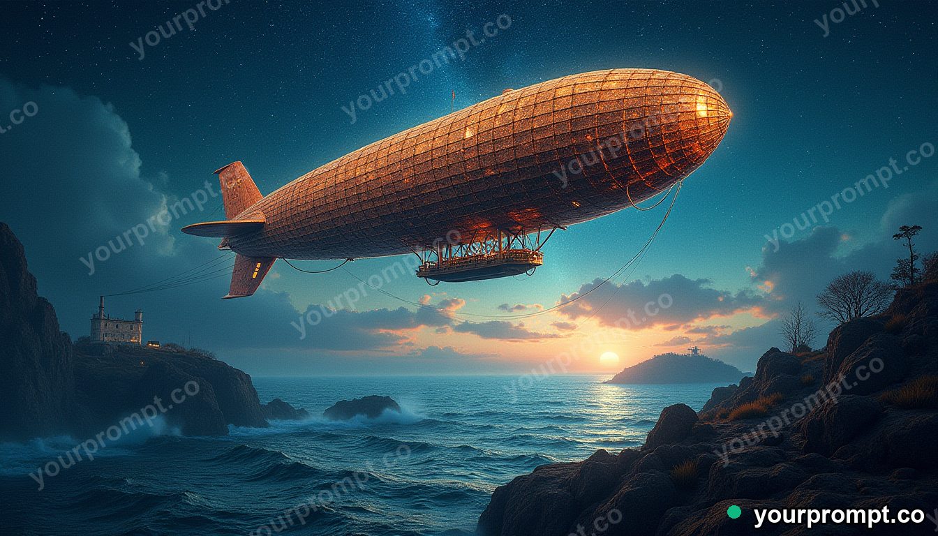 A vintage airship drifting over a coastline in stained-glass mosaic style — AI-generated image from a text prompt