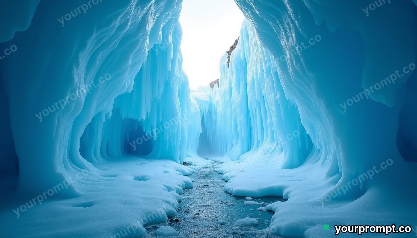 A frozen waterfall inside a blue ice cave in extreme macro photography style — AI-generated image from a text prompt