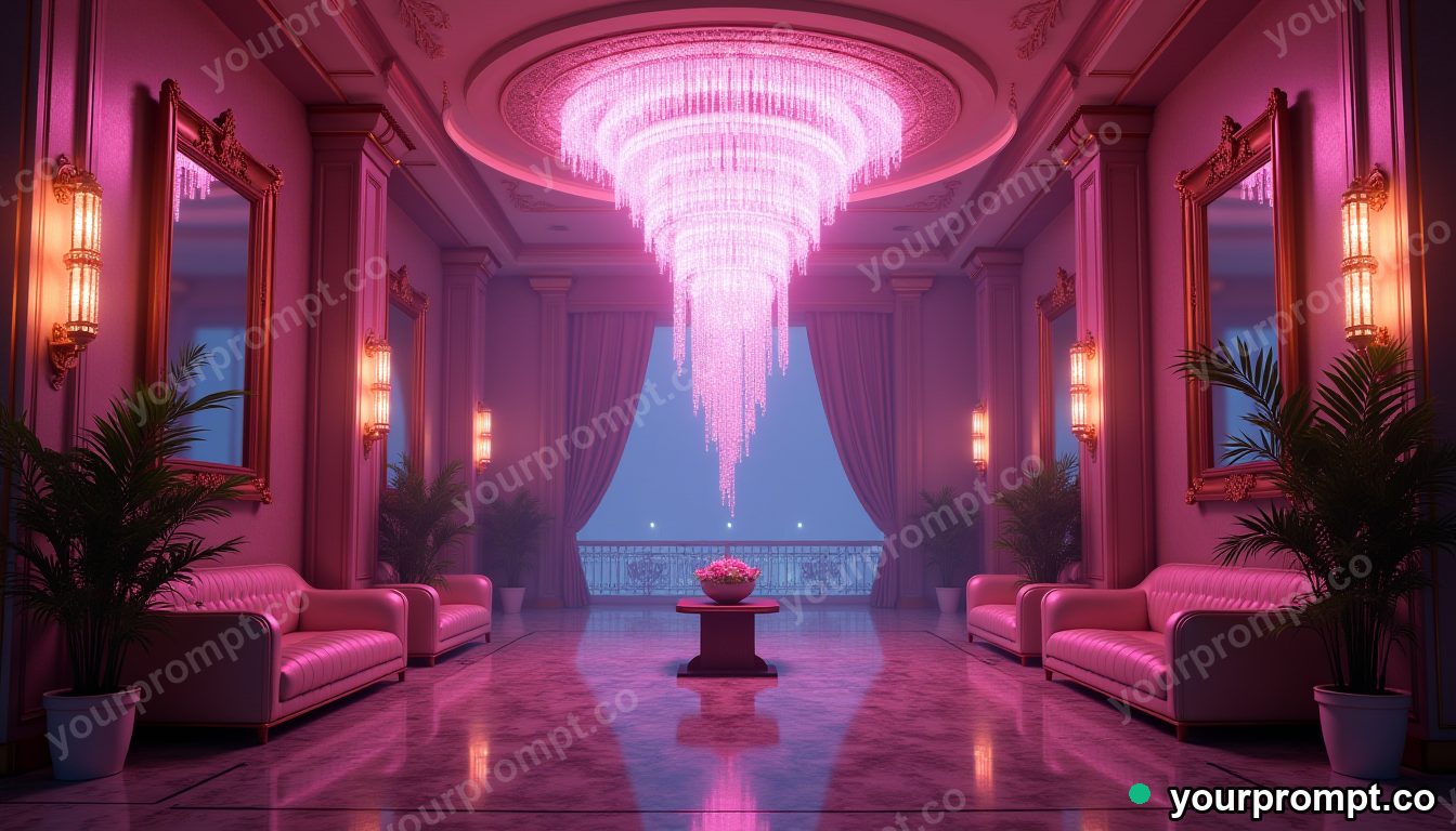 A luxurious hotel lobby with a crystal chandelier in neon cyberpunk style — AI-generated image from a text prompt