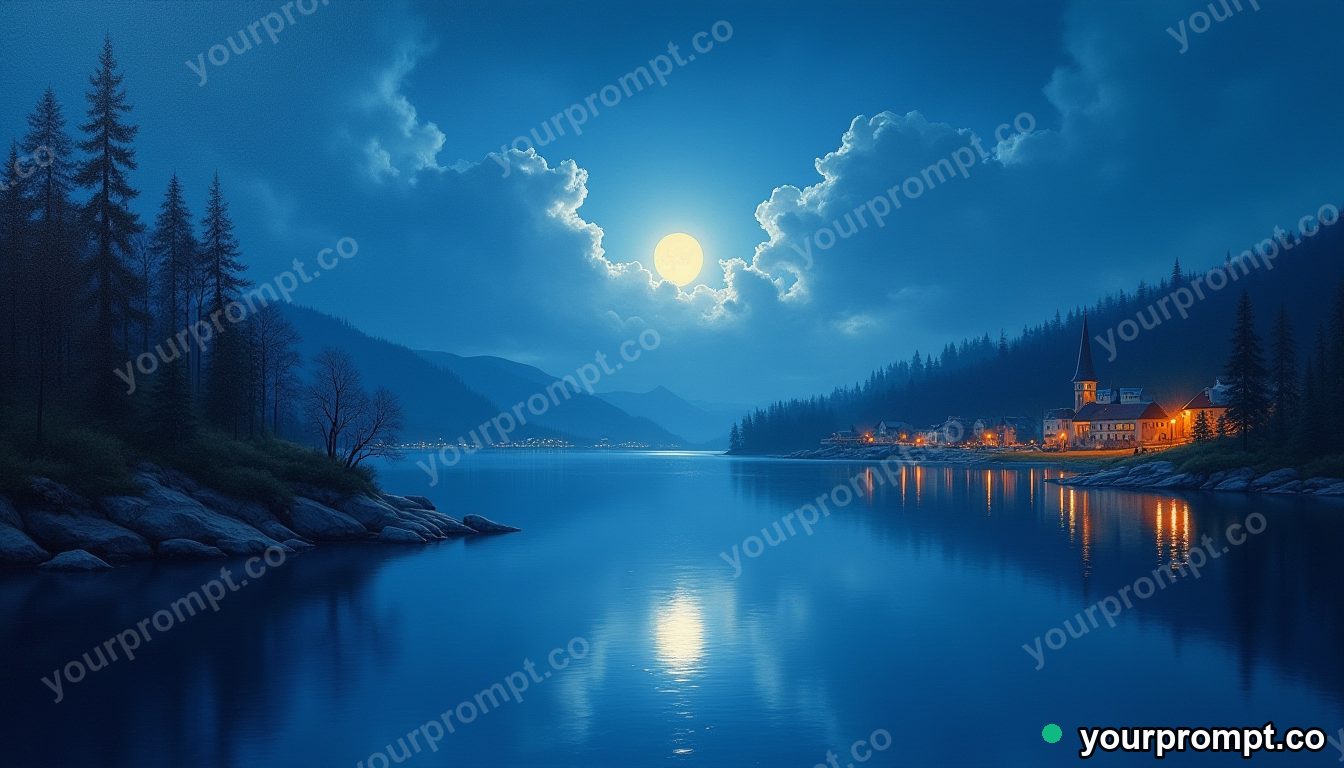 A moonlit lake reflecting an impossible city of light in rich oil painting style — AI-generated image from a text prompt
