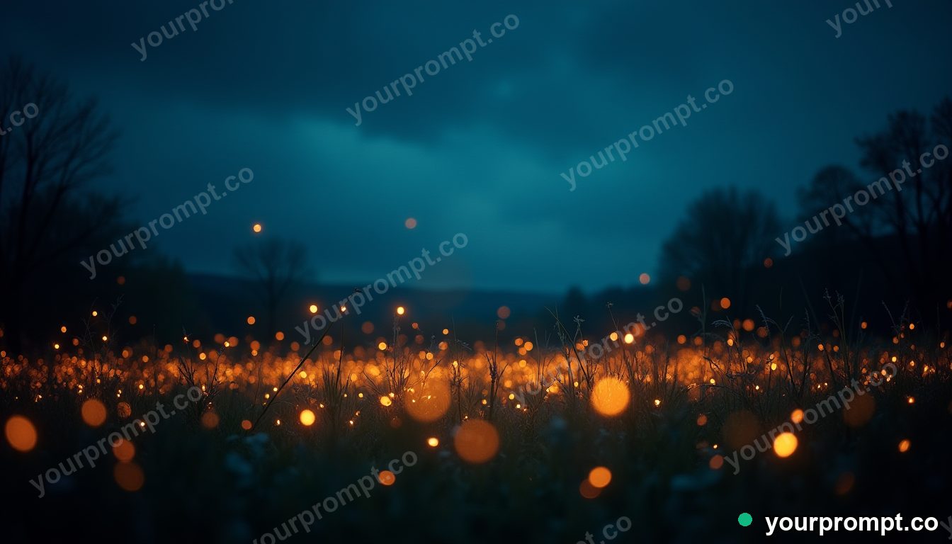 A firefly-lit meadow under a deep blue dusk in vintage film photograph style — AI-generated image from a text prompt