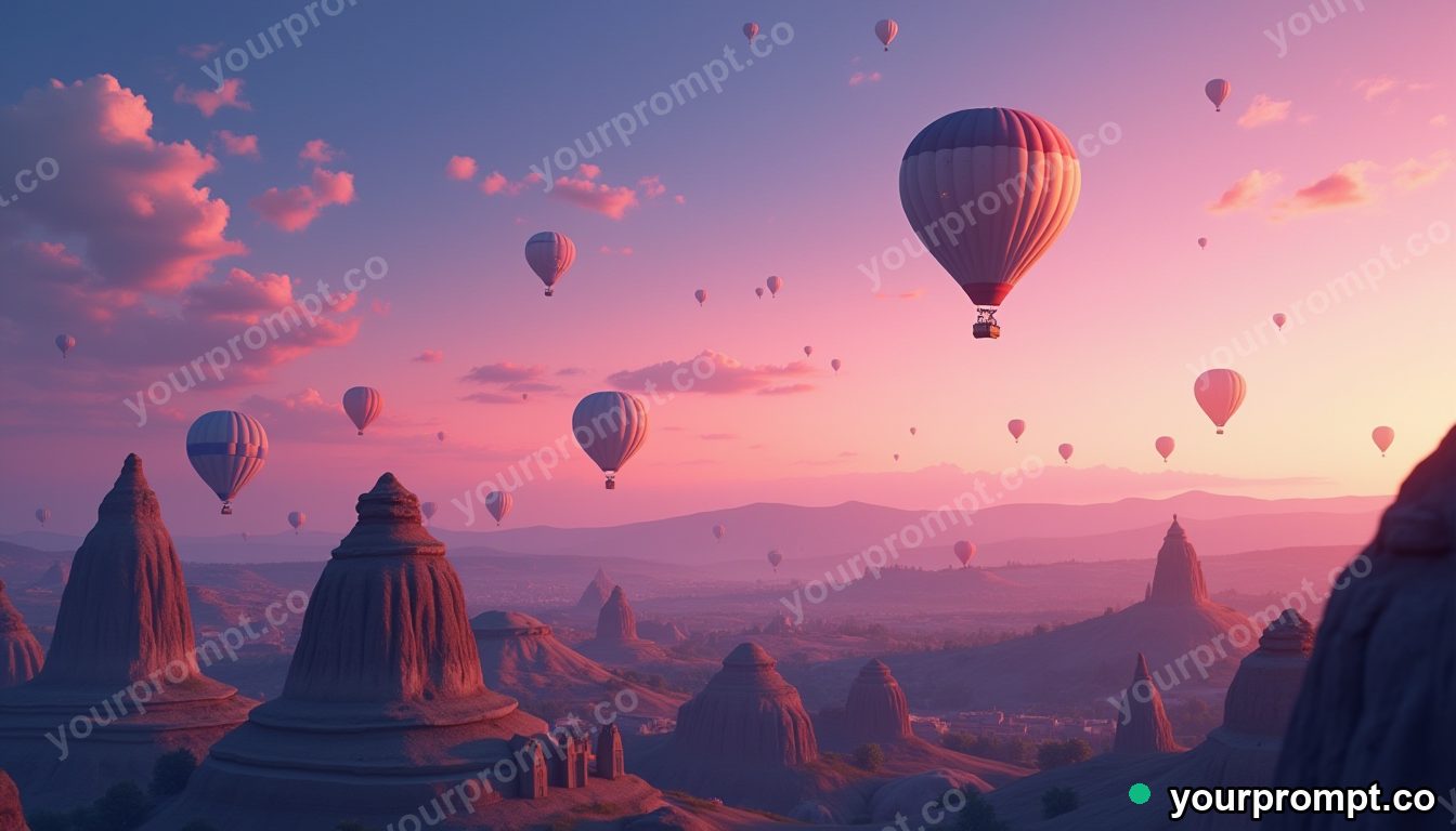 A hot-air-balloon-filled sky over Cappadocia at dawn in anime illustration style — AI-generated image from a text prompt
