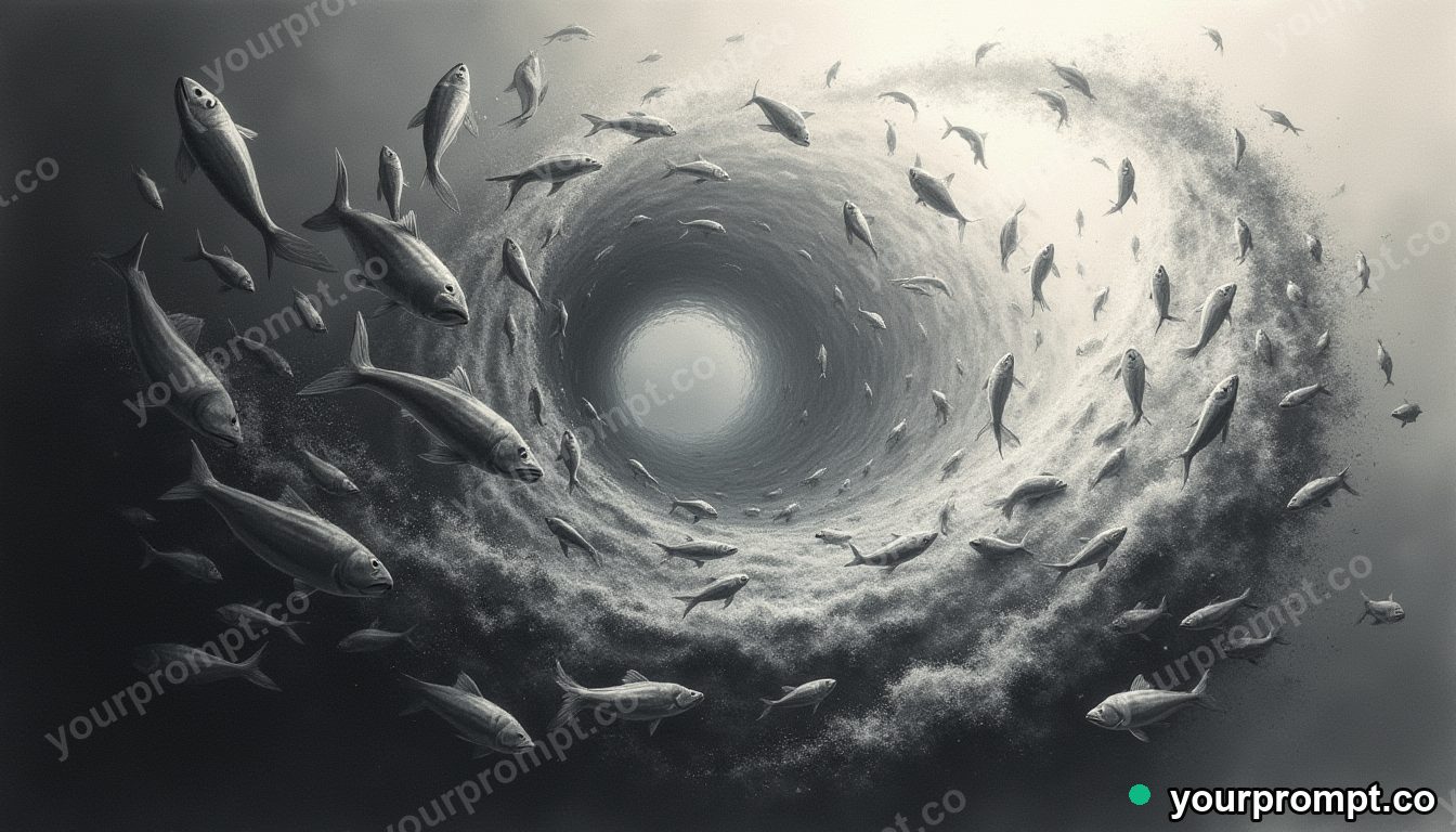 A school of silver fish swirling into a tornado in charcoal sketch style — AI-generated image from a text prompt