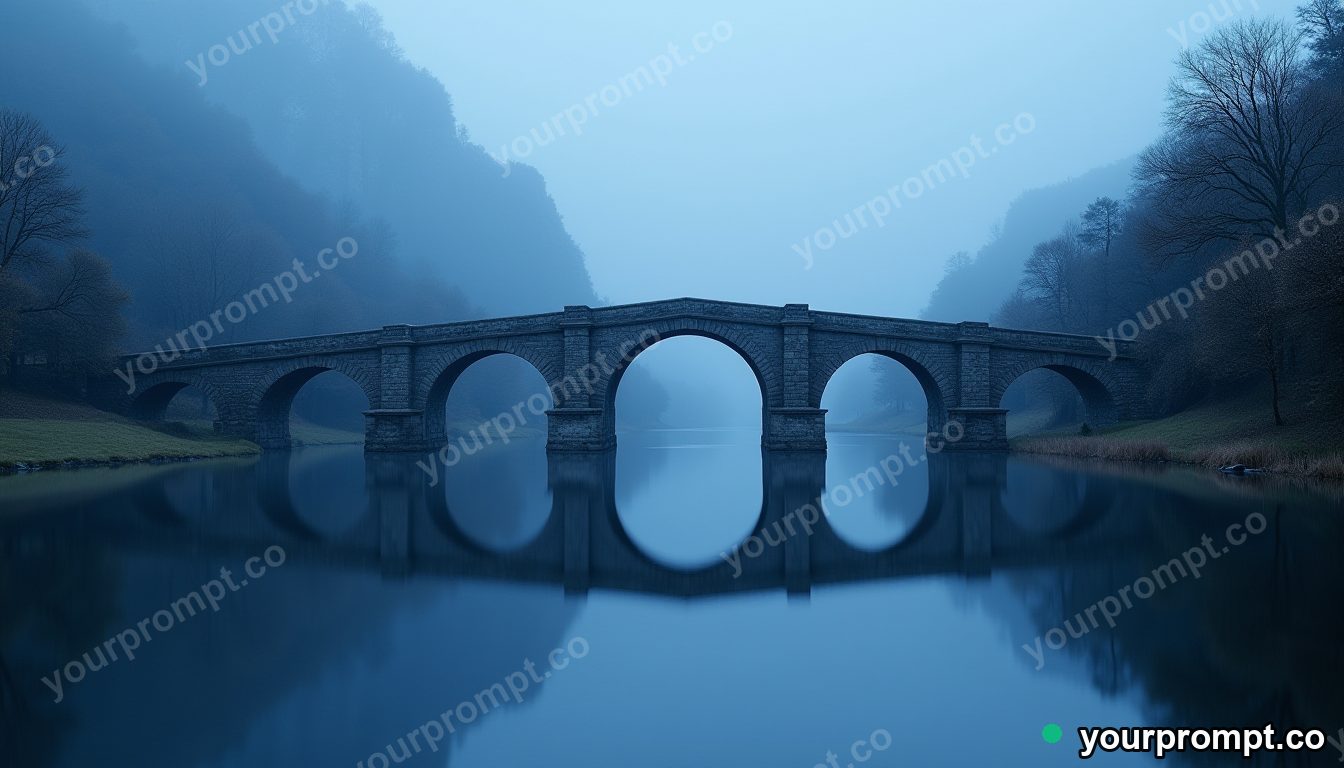 An ancient arched bridge reflected in still water
