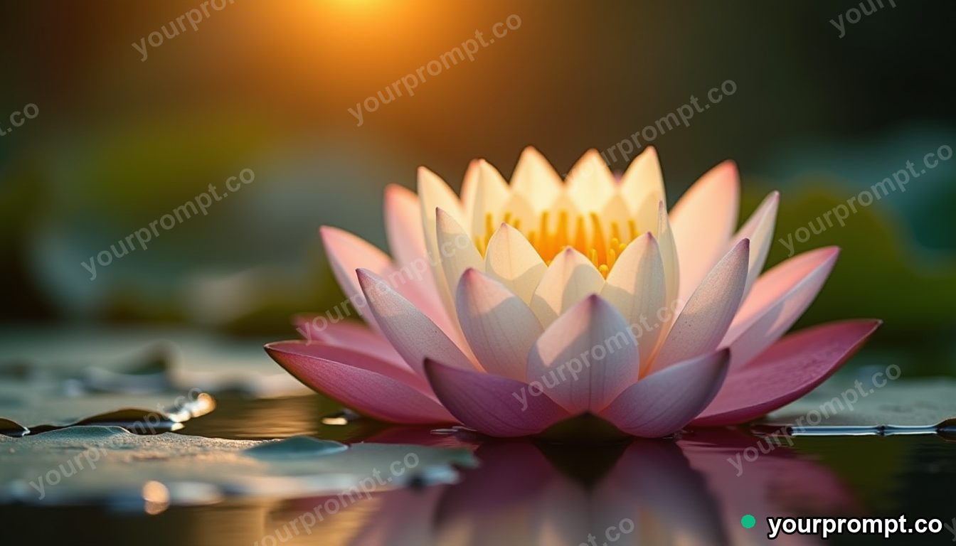 A lotus flower opening on a calm pond in studio product photography style — AI-generated image from a text prompt