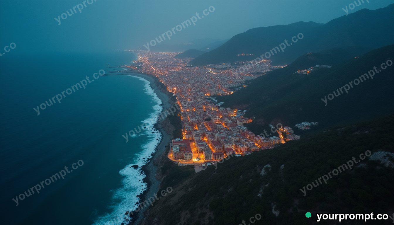An aerial view of a coastal city meeting a deep blue sea in cinematic film still style — AI-generated image from a text prompt