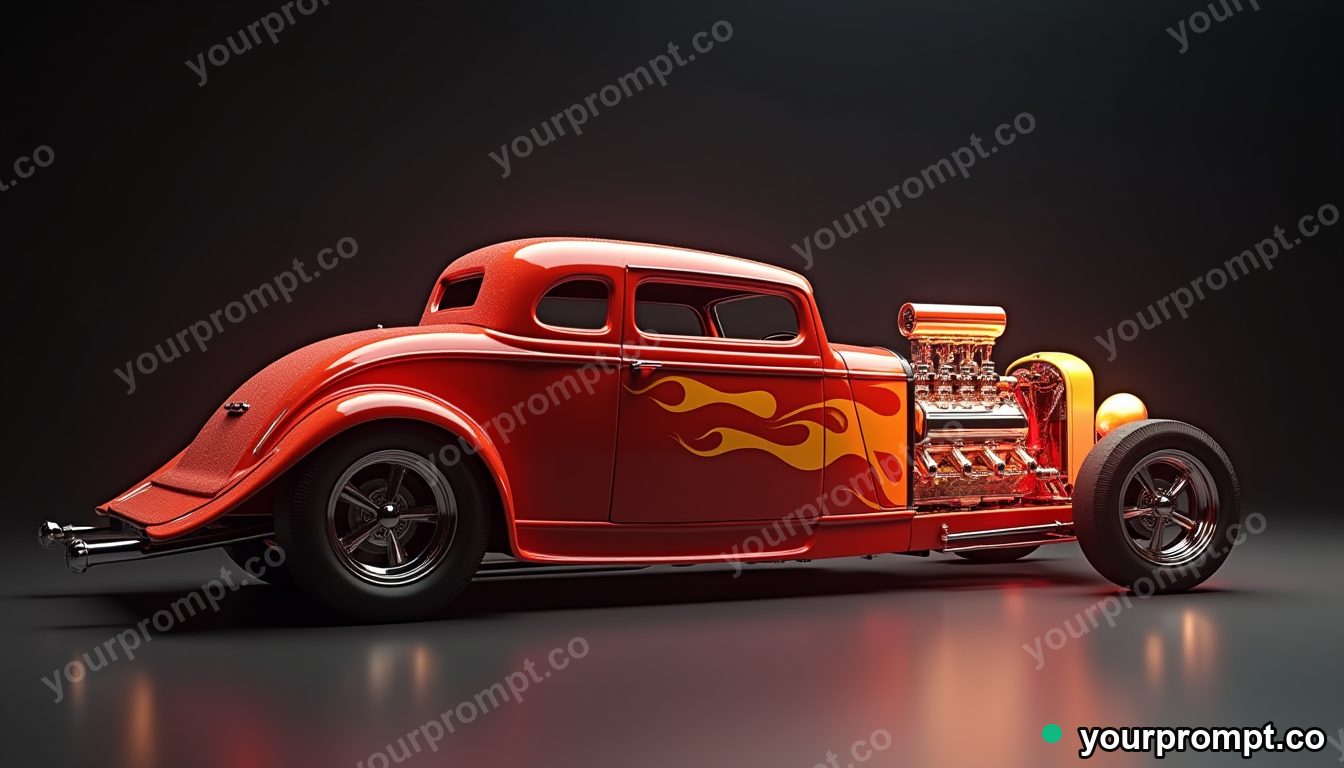 A flame-painted hot rod under studio lighting in 3D octane render style — AI-generated image from a text prompt