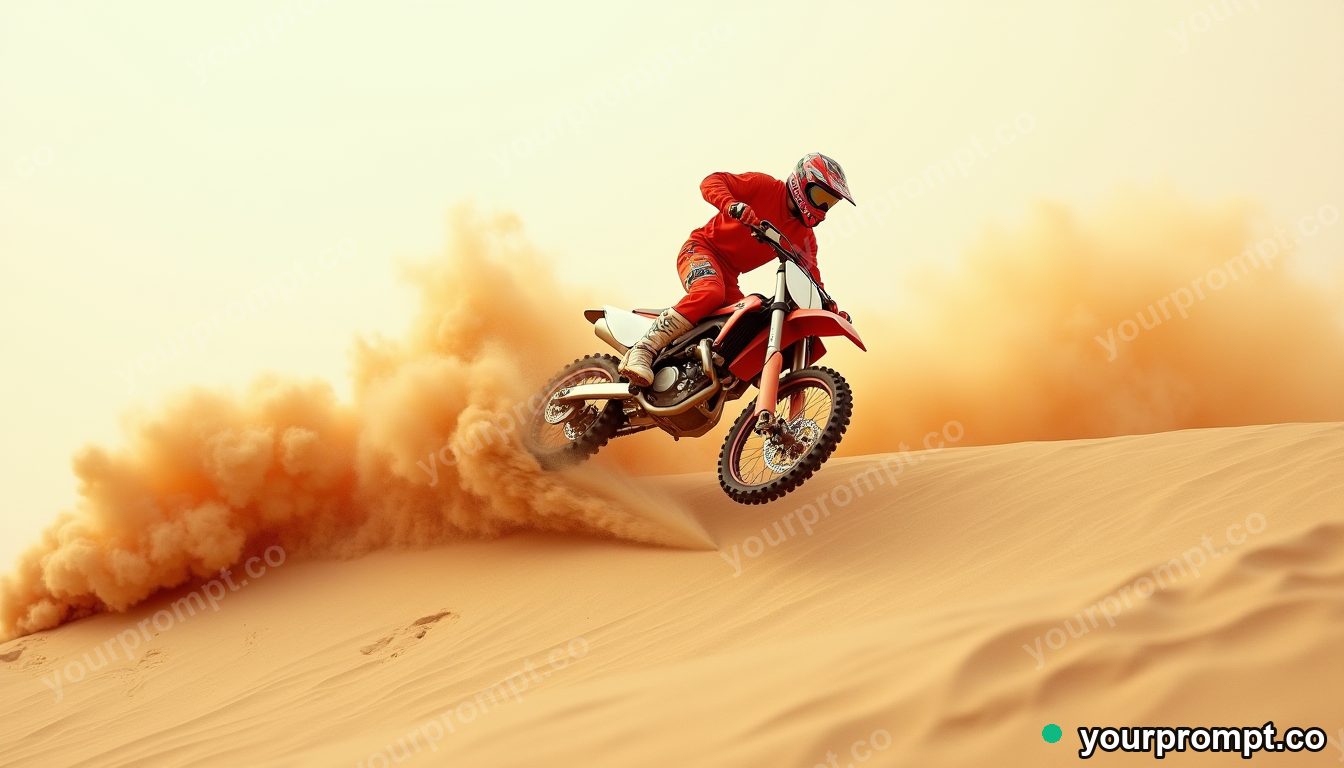 A dirt bike soaring over a dune, sand spraying