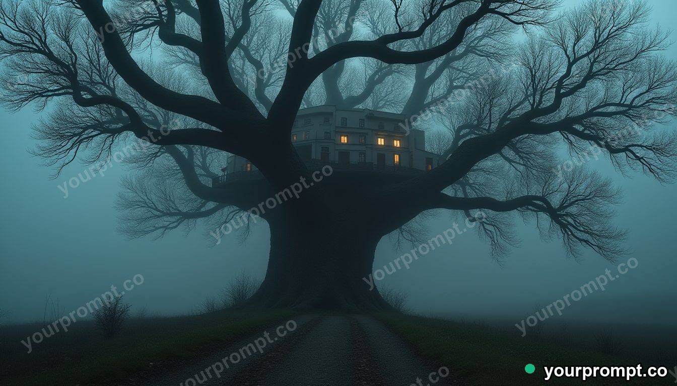 A quiet town built inside a giant tree's branches in studio product photography style — AI-generated image from a text prompt