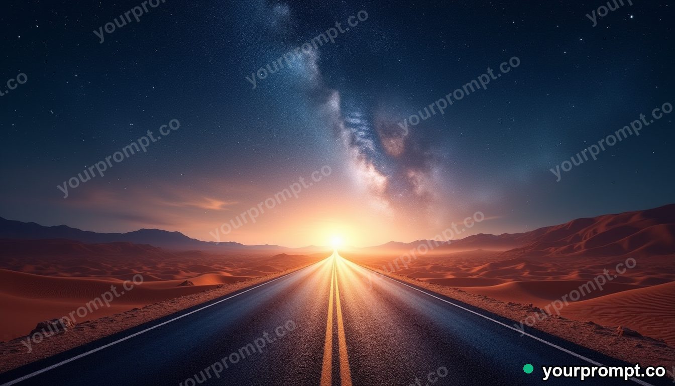 A desert highway under a vast star-filled sky in surreal digital art style — AI-generated image from a text prompt