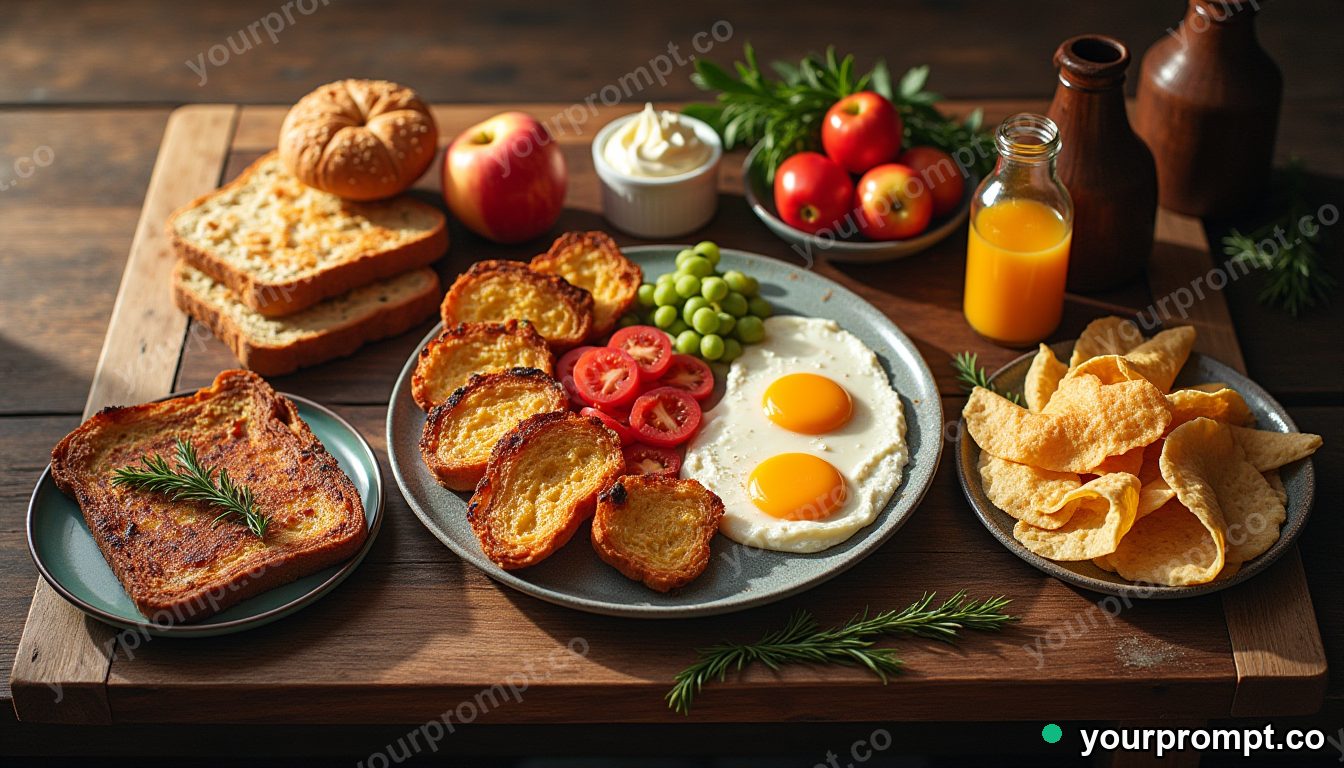 A rustic breakfast spread on a wooden table, top-down