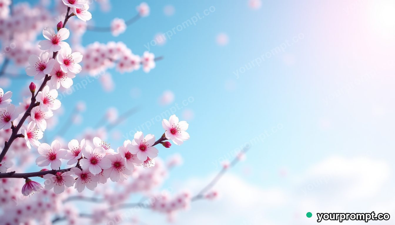Cherry blossom branches in full bloom against blue sky in epic fantasy concept art style — AI-generated image from a text prompt
