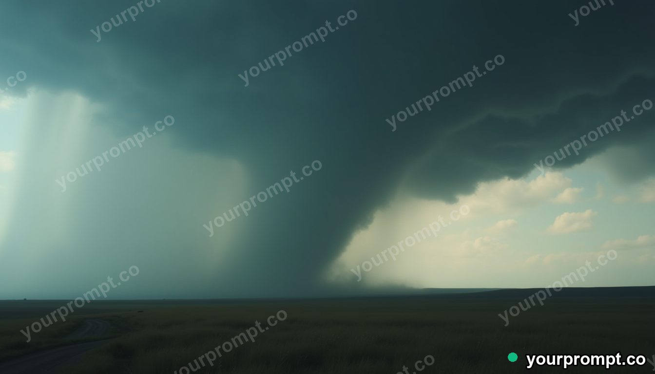 A tornado on the horizon under a bruised sky
