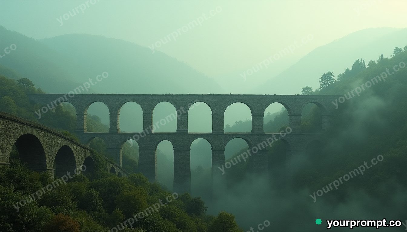 A Roman stone aqueduct over a green valley