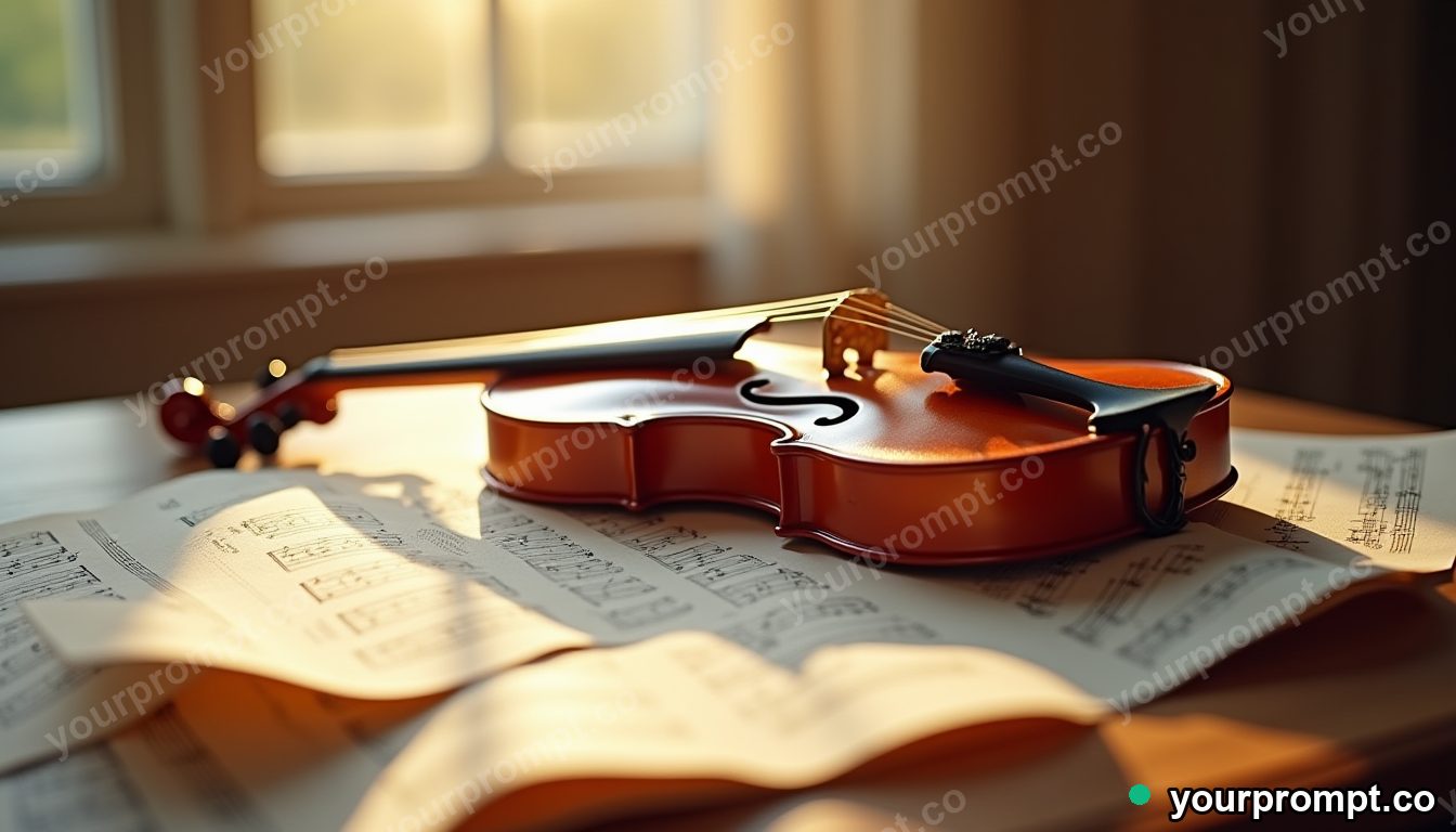 A violin resting on sheet music in soft window light