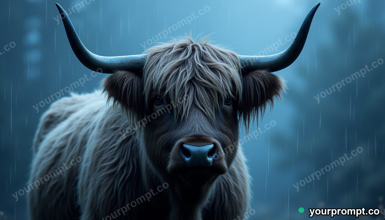 A highland cow with shaggy hair in the rain in charcoal sketch style — AI-generated image from a text prompt