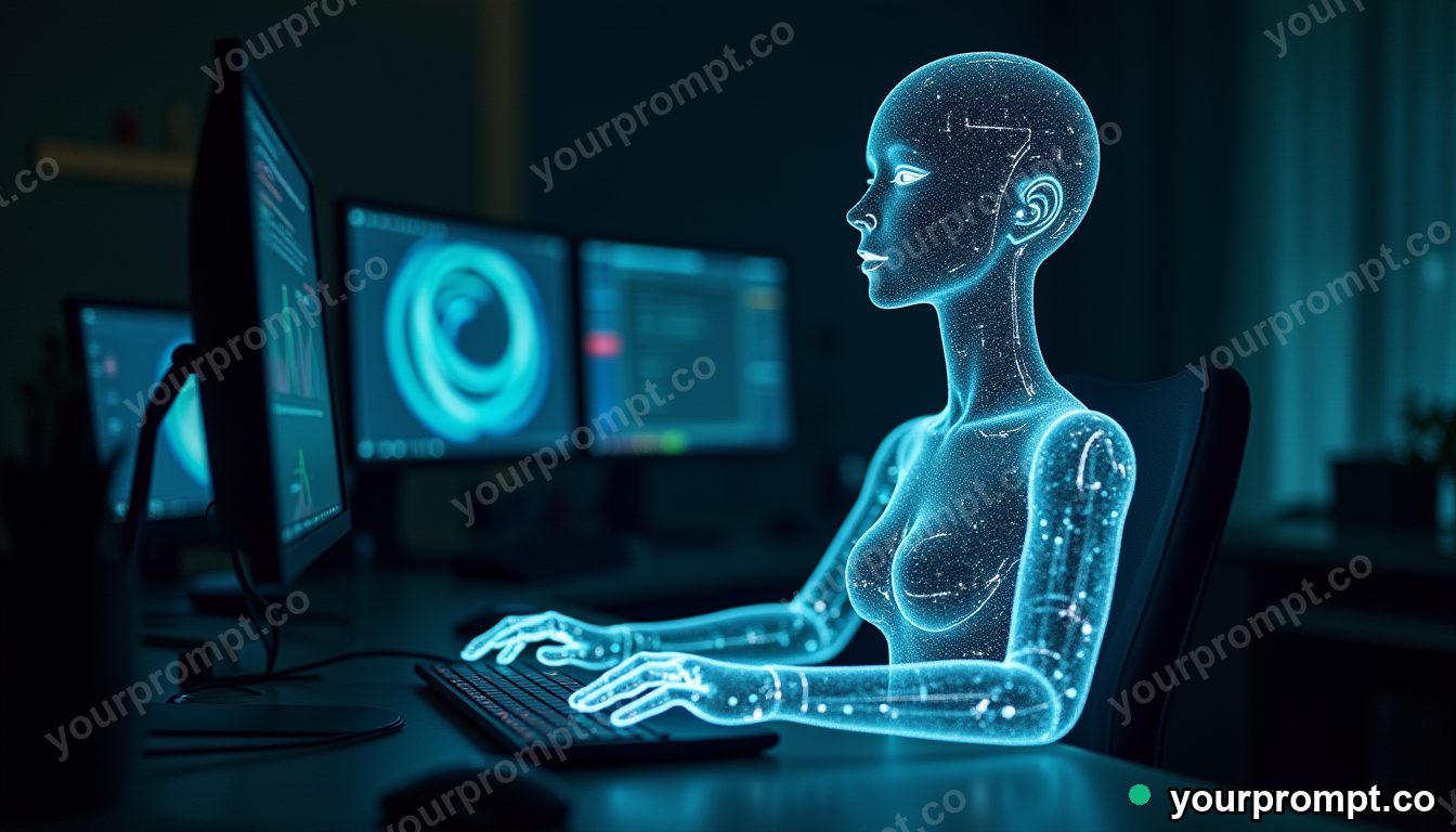 A holographic AI assistant glowing in a dark lab