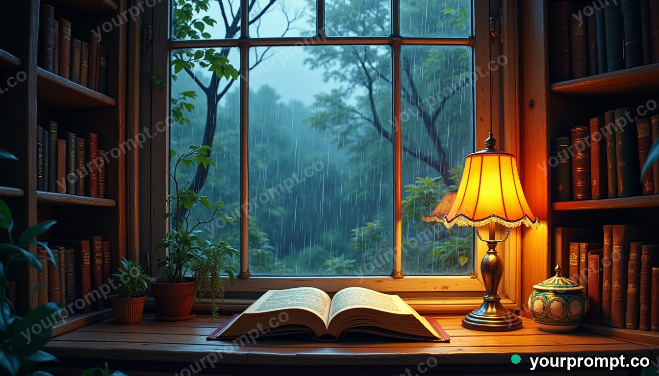 A cozy rainy-day reading nook with warm lamplight in stained-glass mosaic style — AI-generated image from a text prompt