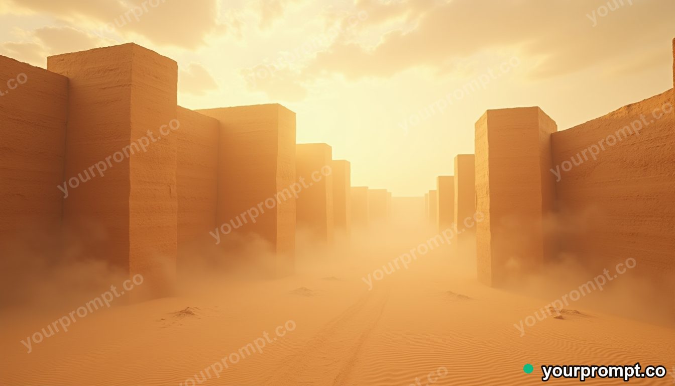 A sandstorm wall rolling toward an ancient city