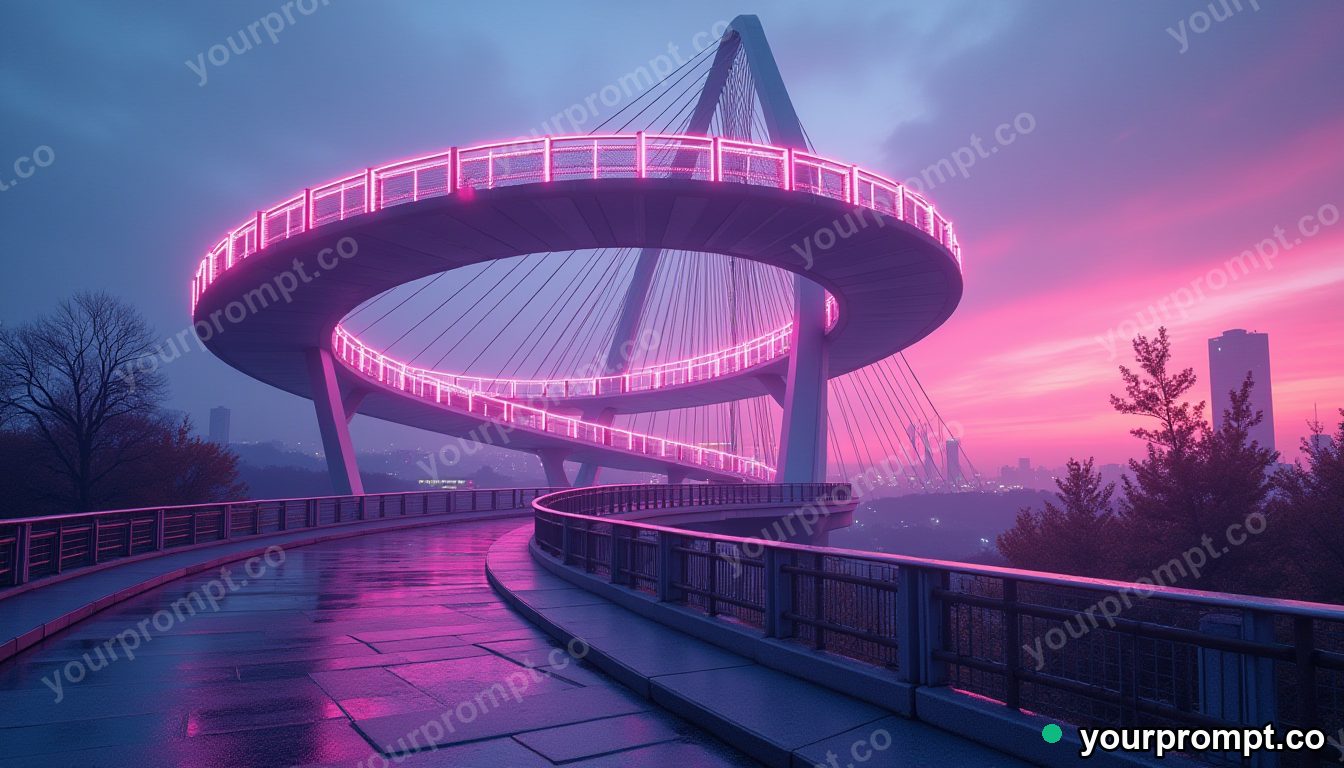 A spiraling modern pedestrian bridge at dusk